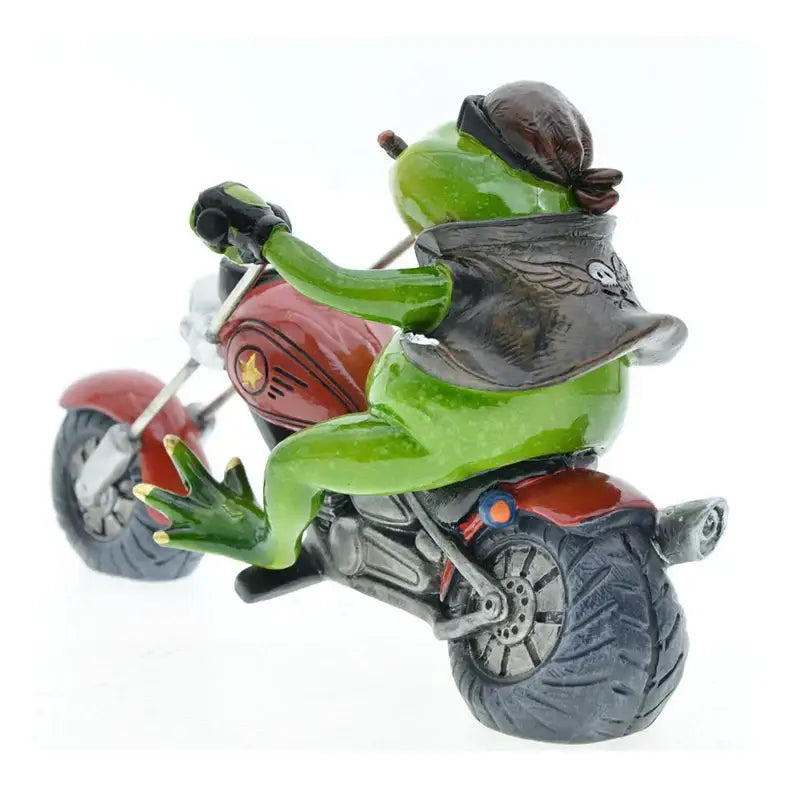 Modern red and green decorbites cool frog resin figurine of a green frog in black leather jacket riding a red motorcycle