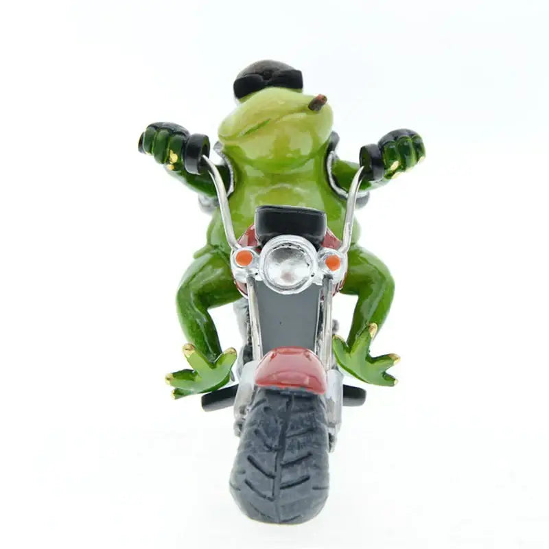Modern red and green decorbites cool frog resin desk ornament featuring a green frog wearing a black helmet on a miniature motorcycle