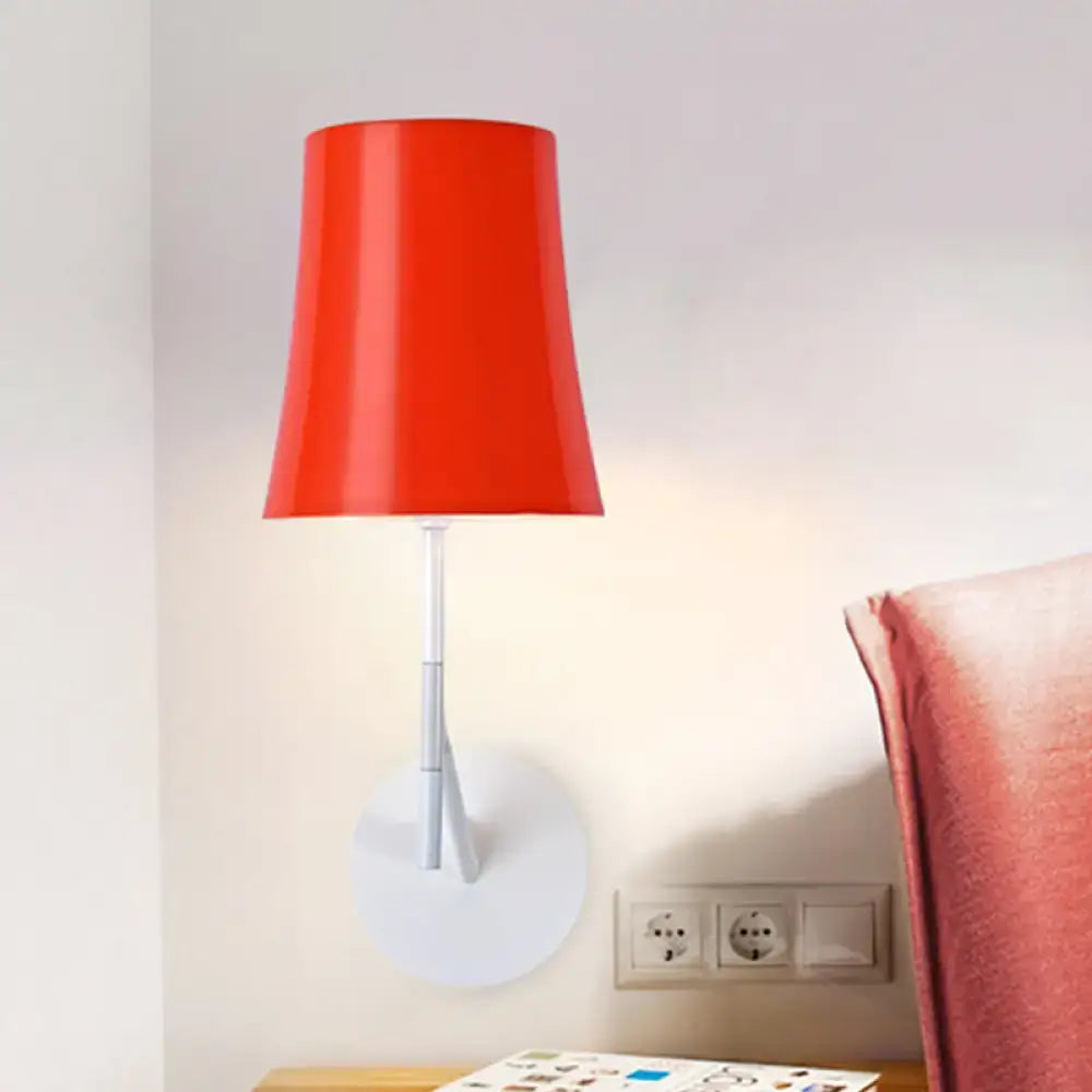 Modern red and white barrel wall mount sconce featuring a vibrant red cylindrical metallic lampshade for living room lighting
