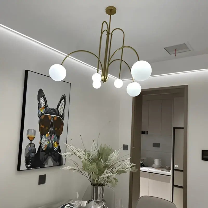 Gold-toned modern branch glass pendant light with six frosted globe shades for living room decorbites branch glass decor