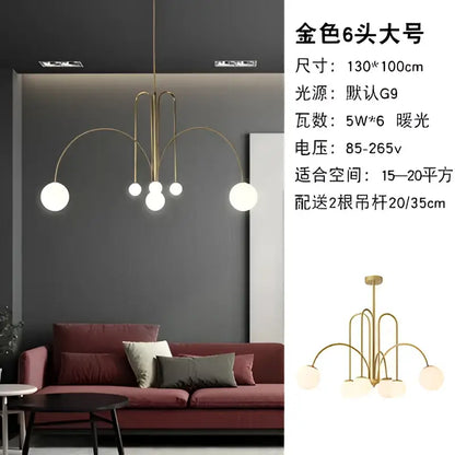Modern gold-toned pendant lights with six curved arms and white globe lights for decorbites branch glass pendant decor