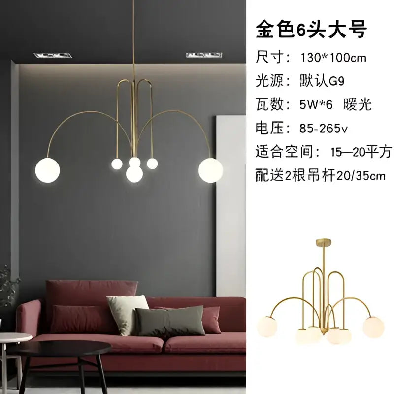 Modern gold-toned pendant lights with six curved arms and white globe lights for decorbites branch glass pendant decor