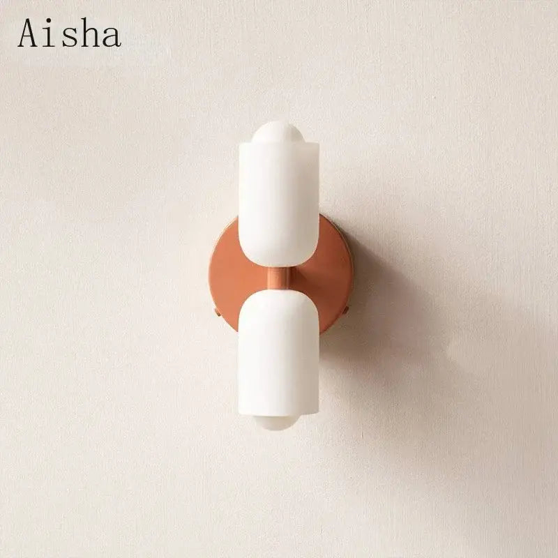 Aisha modern red and white double head glass wall light with frosted glass shades for bedroom lighting