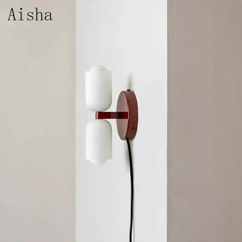 Aisha brand modern red and white double head glass wall light with frosted glass shades for bedroom use