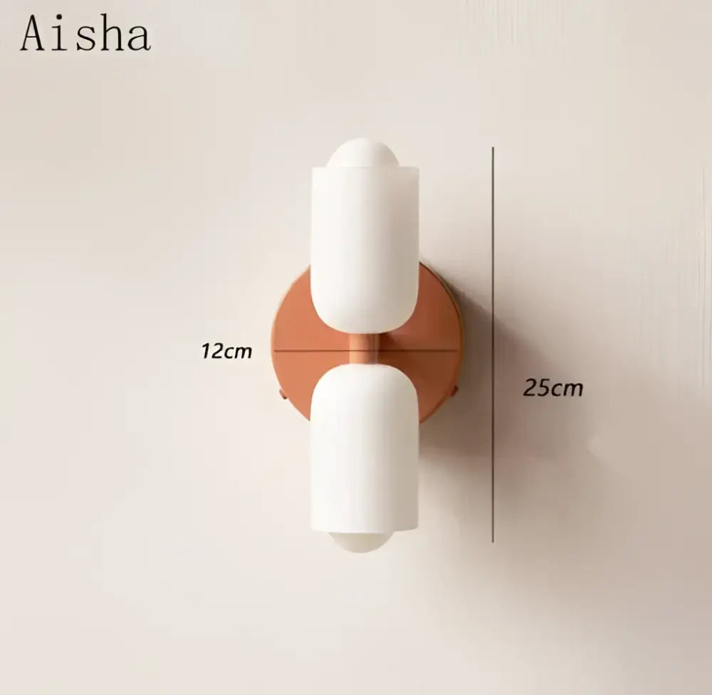 Aisha brand modern red and white double head glass wall light with frosted shades on copper-toned metal base for bedroom