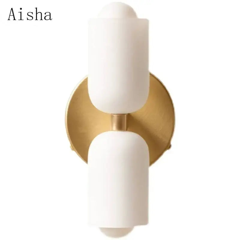 Aisha brand modern red and white double head glass wall light with matte white shades on gold-toned backplate for bedroom