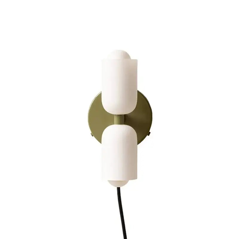 Modern red and white double head glass wall light with two off-white matte cylindrical shades on olive-green backplate