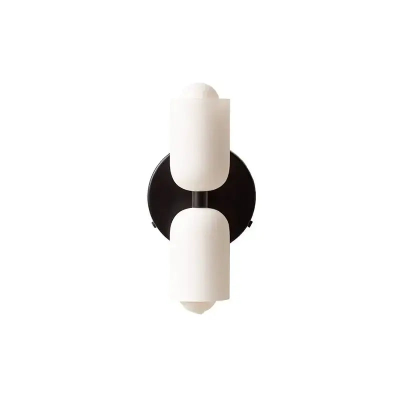 Modern red and white double head glass wall light with matte white frosted shades and black metal base for bedroom