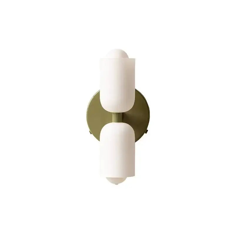 Modern red and white double head glass wall light with matte white frosted shades and brushed olive green backplate