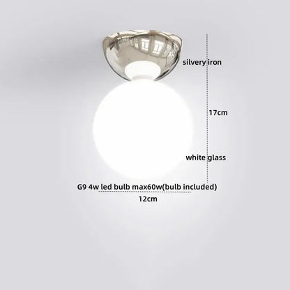 A modern red and white iron glass led ceiling light with a silvery iron base and frosted white globe for bedroom decor