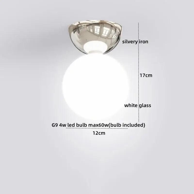 A modern red and white iron glass led ceiling light with a silvery iron base and frosted white globe for bedroom decor