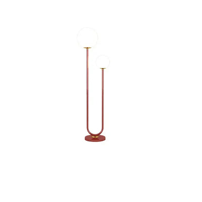 Modern red and white metal floor lamp with dual spherical glass globes and gold-toned accents for living room decorbites black white metal