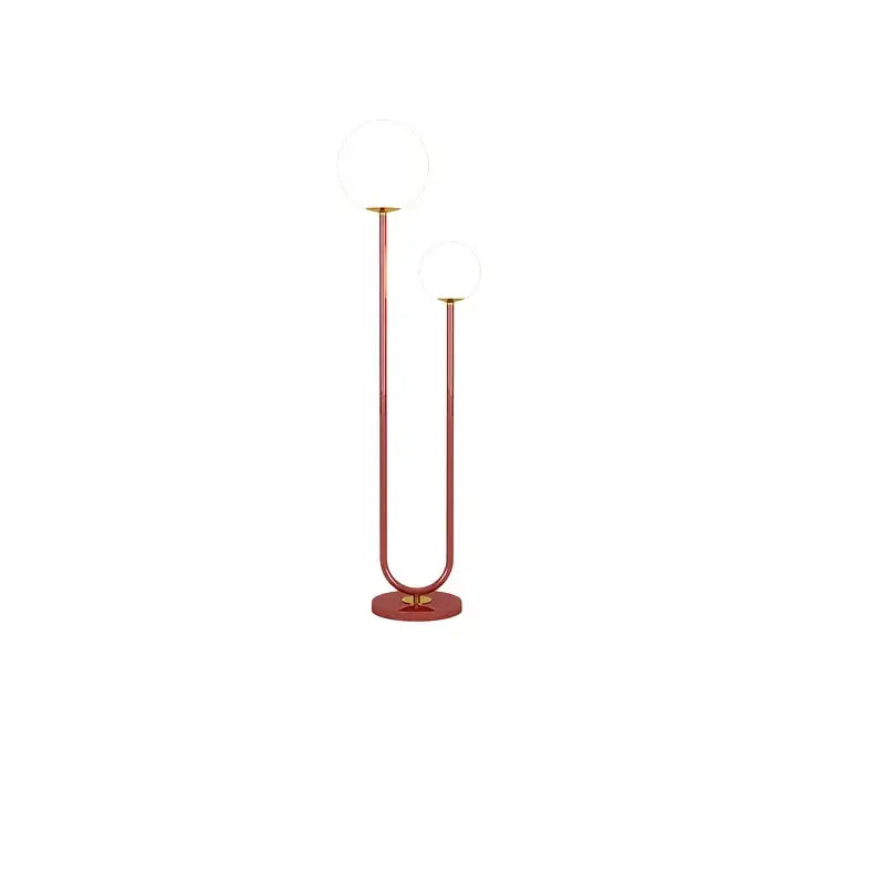 Modern red and white metal floor lamp with dual spherical glass globes and gold-toned accents for living room decorbites black white metal