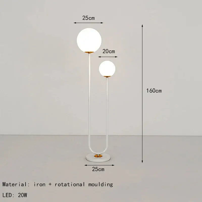 Modern red and white metal floor lamp with two white glass spheres on a black white metal base for decorbites black white decor