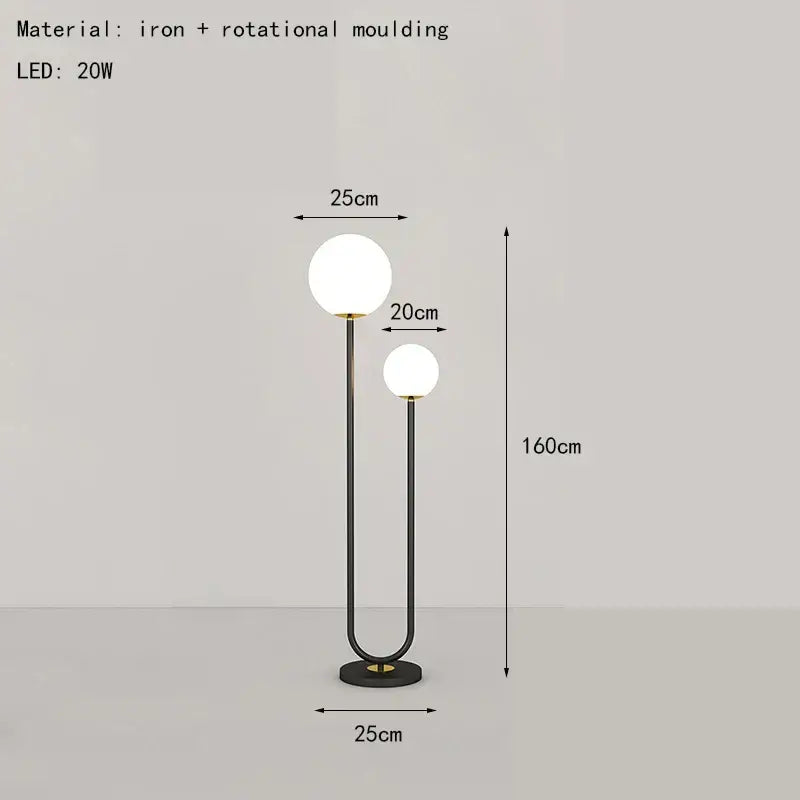 Modern black white metal floor lamp with dual white glass spheres for decorbites black white living room use