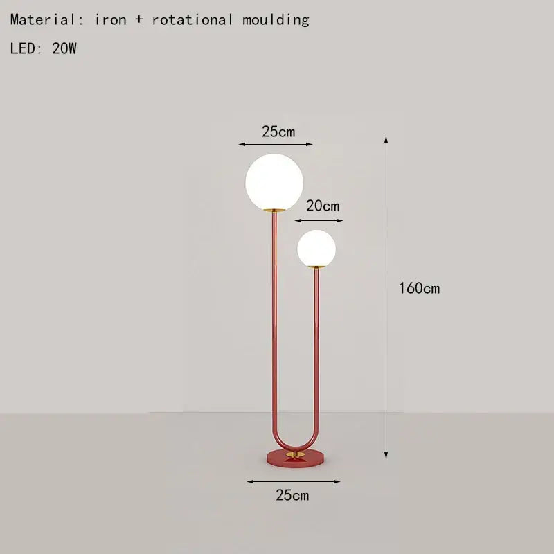 A modern floor lamp with rose gold curved iron and dual white glass spheres for stylish decorbites black white decor