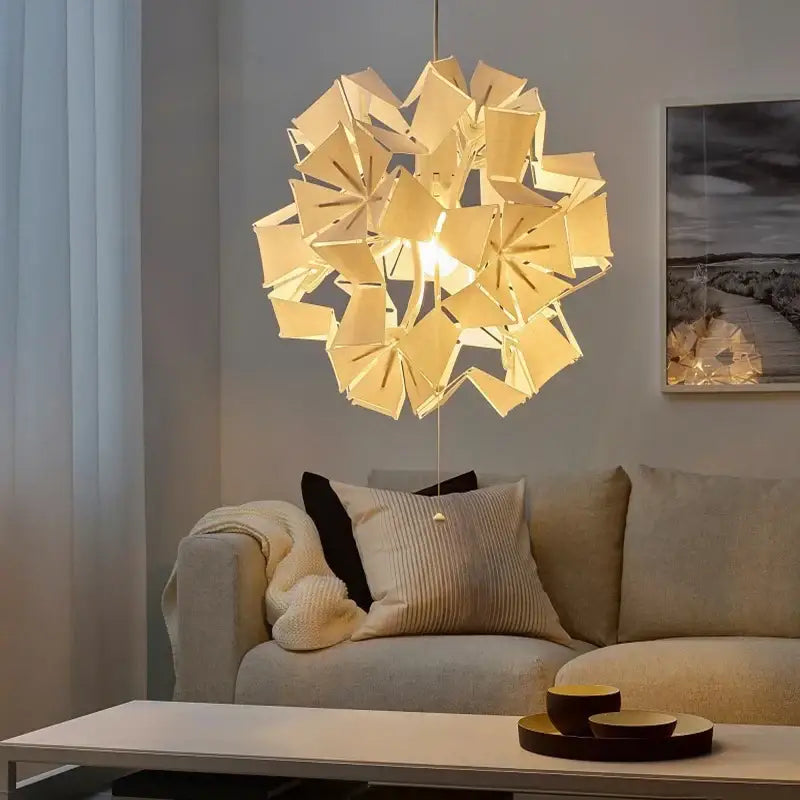 Modern red bauhinia flower chandelier featuring warm-toned layered wooden panels for living room lighting