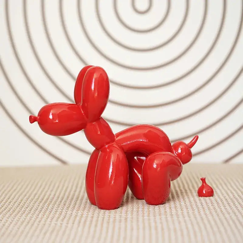 Modern vibrant red glossy balloon dog sculpture with playful sculpted design for living room decor
