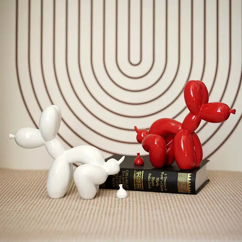 Modern red and white balloon dog sculpture with glossy ceramic finish for living room decor