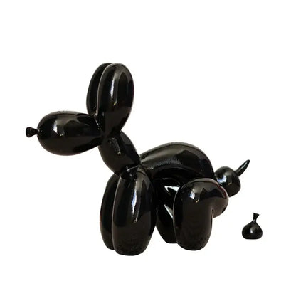 Black glossy balloon dog sculpture with shiny reflective surface and minimalist design for modern living room decor