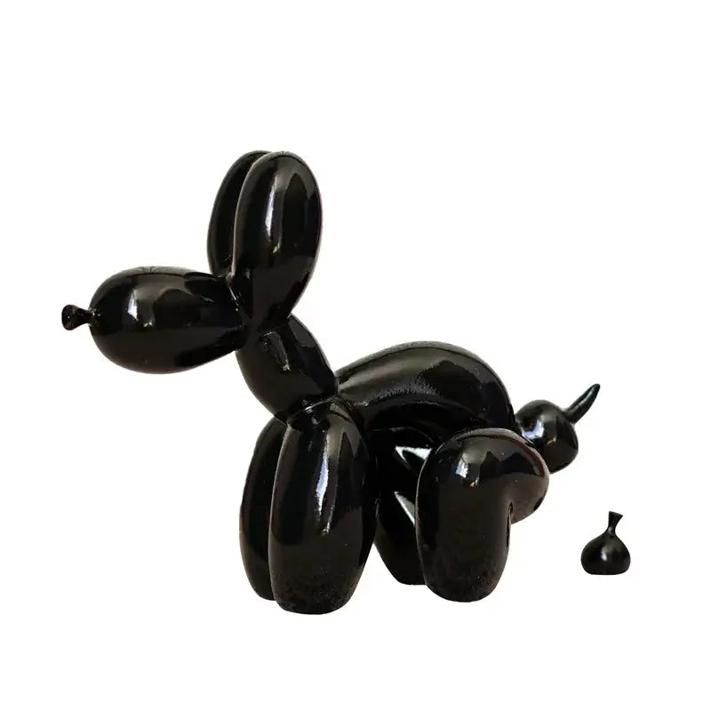 Black glossy balloon dog sculpture with shiny reflective surface and minimalist design for modern living room decor