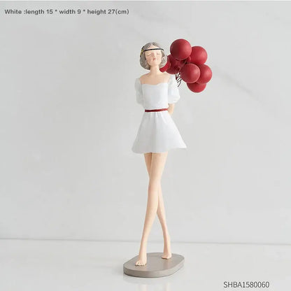White resin balloon girls resin figurine of a woman with short gray hair holding red balloons for living room decor
