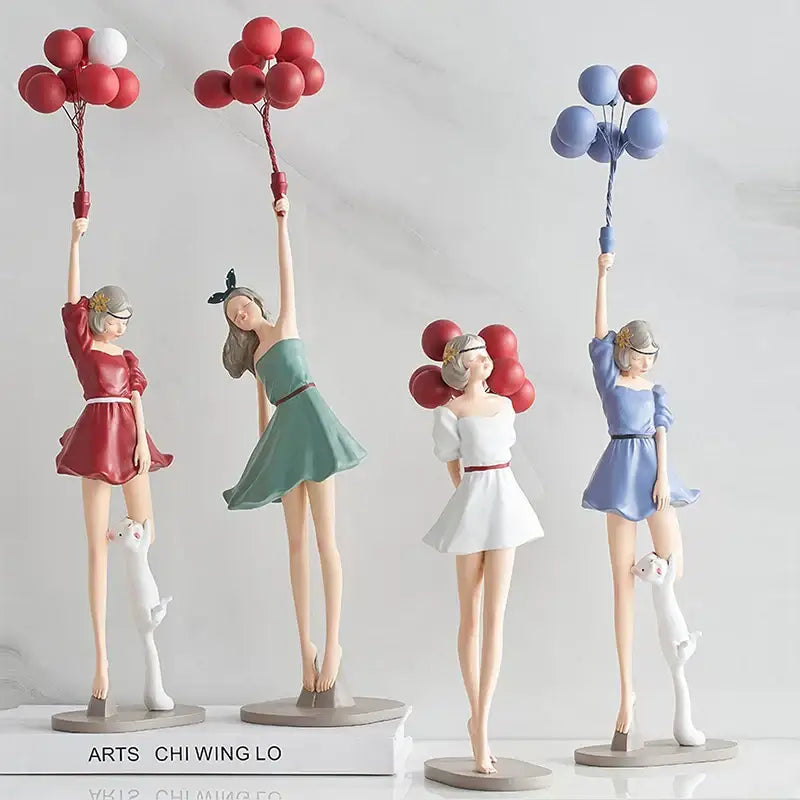 Modern red and blue balloon girls resin figurines in red green white and blue dresses holding balloons for living room decor