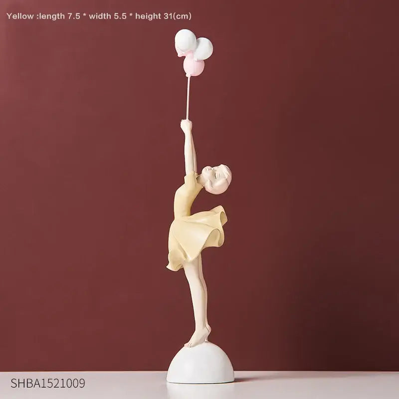 A delicate beige ceramic balloon girls resin figurine holding pastel balloons for modern living room decor