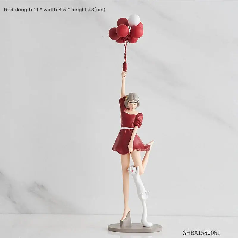 Modern red balloon girls resin figurine holding red and white balloons with a cat for living room decor