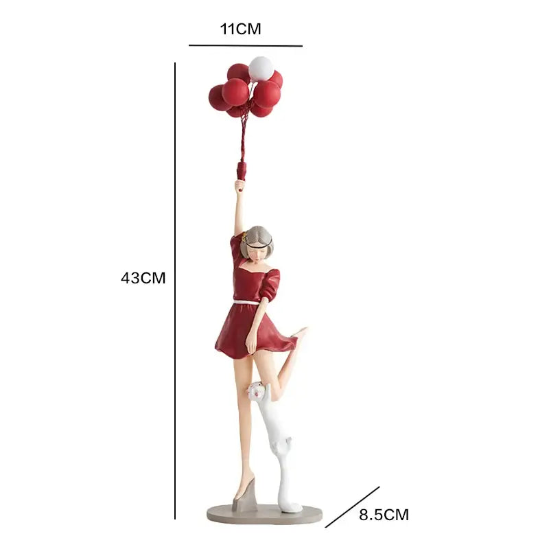 A 43cm tall modern girls resin figurine in a red dress holding balloons with a white cat for living room decor