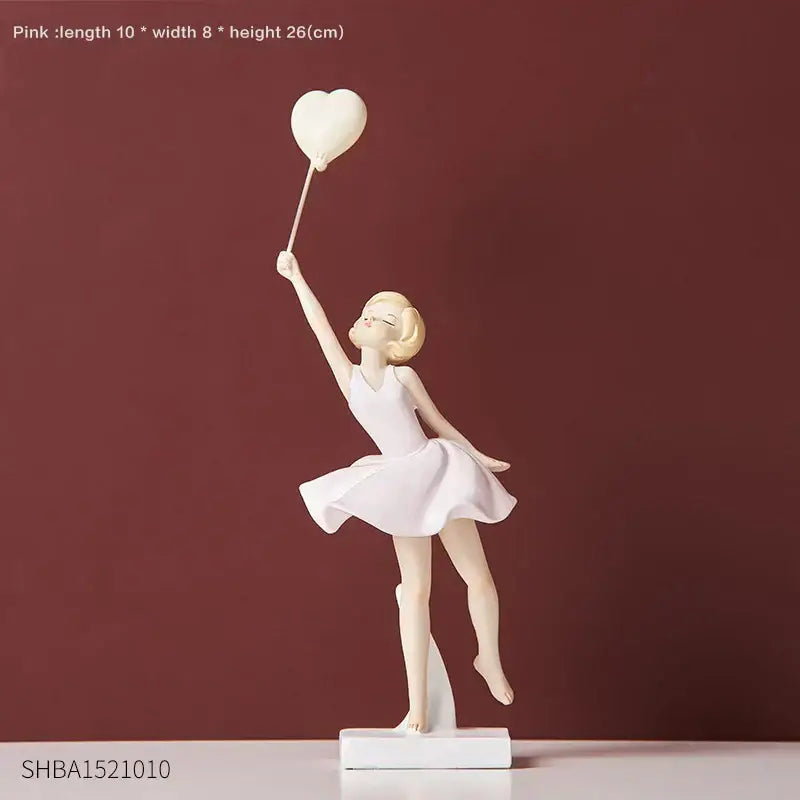 A delicate white porcelain girls resin figurine holding a heart-shaped balloon for modern living room decor