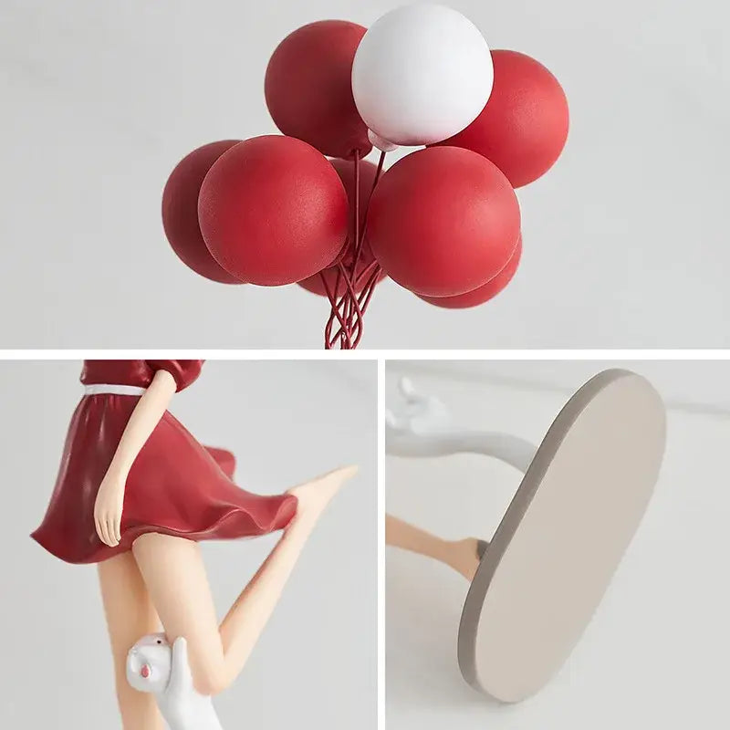 Modern red and blue balloon girls resin figurines featuring a glossy red and white balloon bouquet with smooth finish