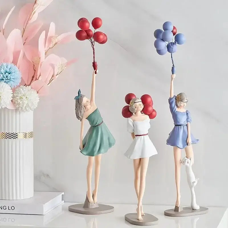 Modern red and blue balloon girls resin figurines featuring three women in dresses with balloons and a white cat for living room decor