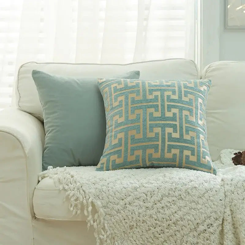 Modern teal and cream geometric chenille lumbar pillowcase with textured fabric finish for living room decorbites geometric chenille