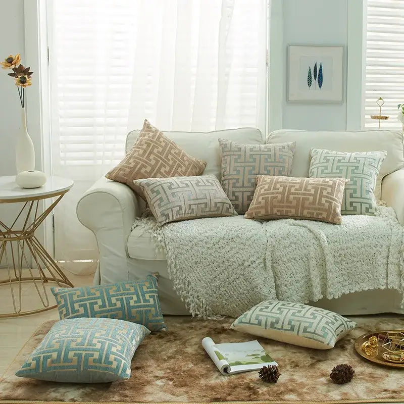 Set of beige and teal decorative geometric chenille lumbar pillowcases with greek key pattern for living room decorbites decor