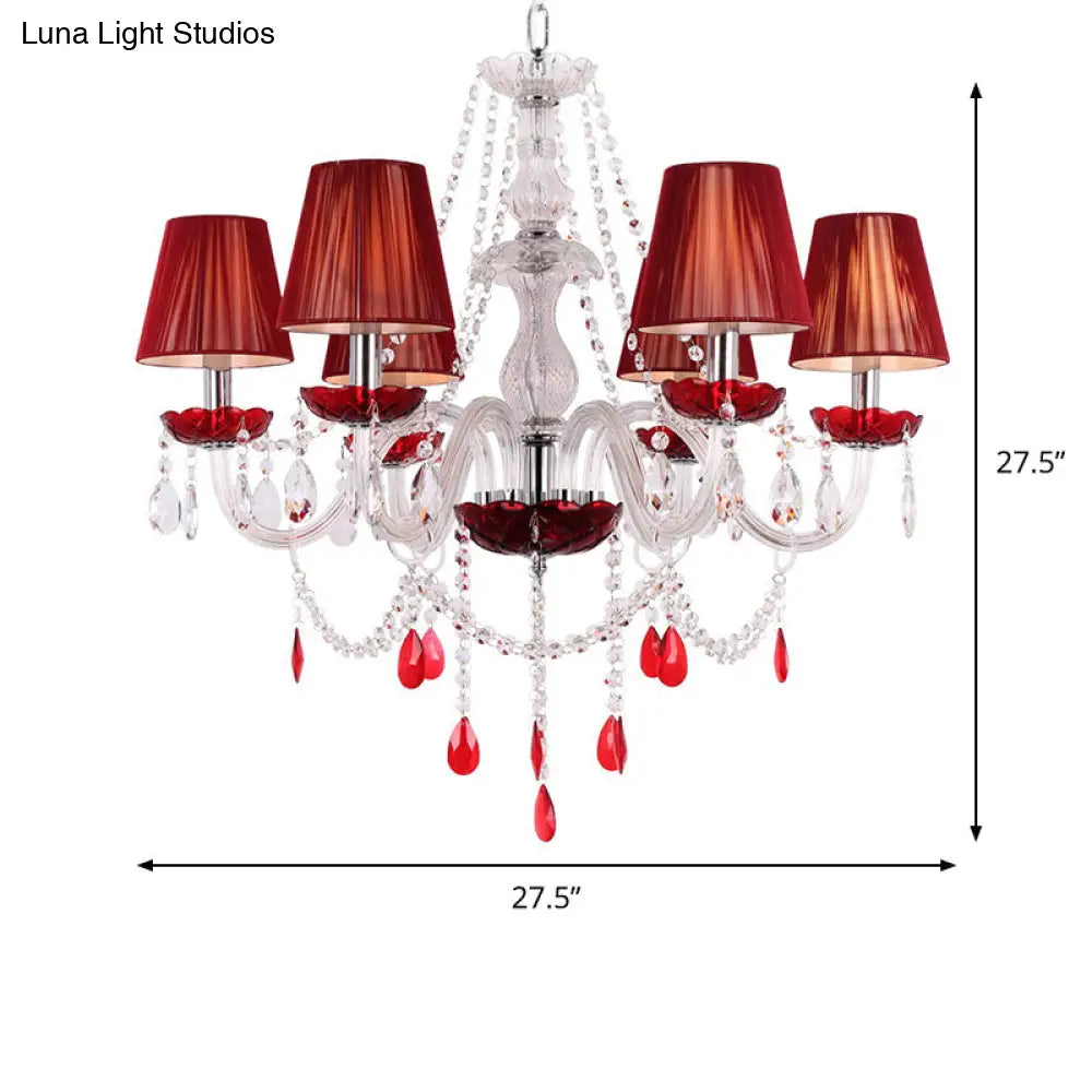 Modern Red Crystal Chandelier - 6 Bulb Pendant Light Fixture with Conical Shade