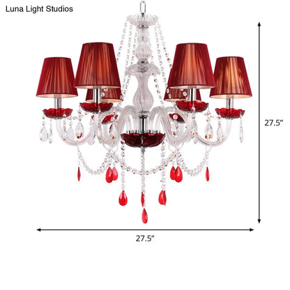Modern Red Crystal Chandelier - 6 Bulb Pendant Light Fixture with Conical Shade