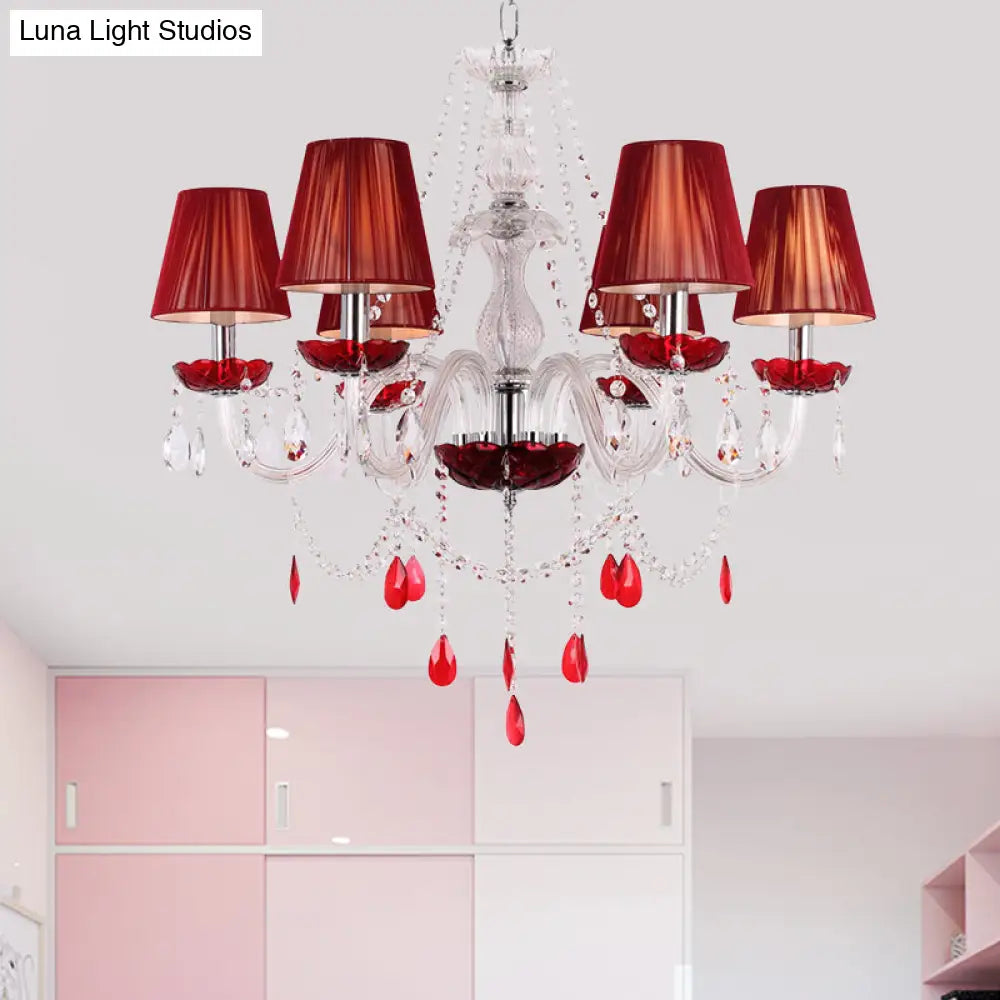 Modern Red Crystal Chandelier - 6 Bulb Pendant Light Fixture with Conical Shade