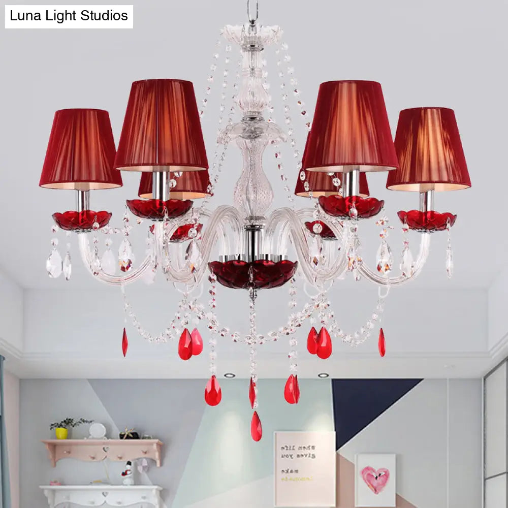 Modern Red Crystal Chandelier - 6 Bulb Pendant Light Fixture with Conical Shade