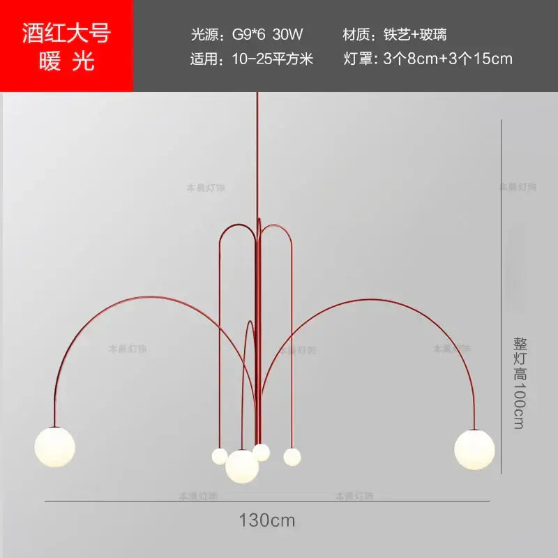 Modern red decorbites designer line chandelier with sleek iron frame and glass globe shades for living room lighting