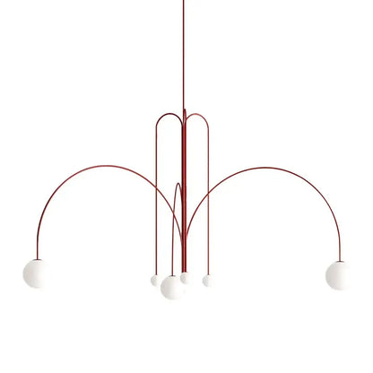 Modern red decorbites designer line chandelier with slender curved metal frame and five white glass globe shades for living room
