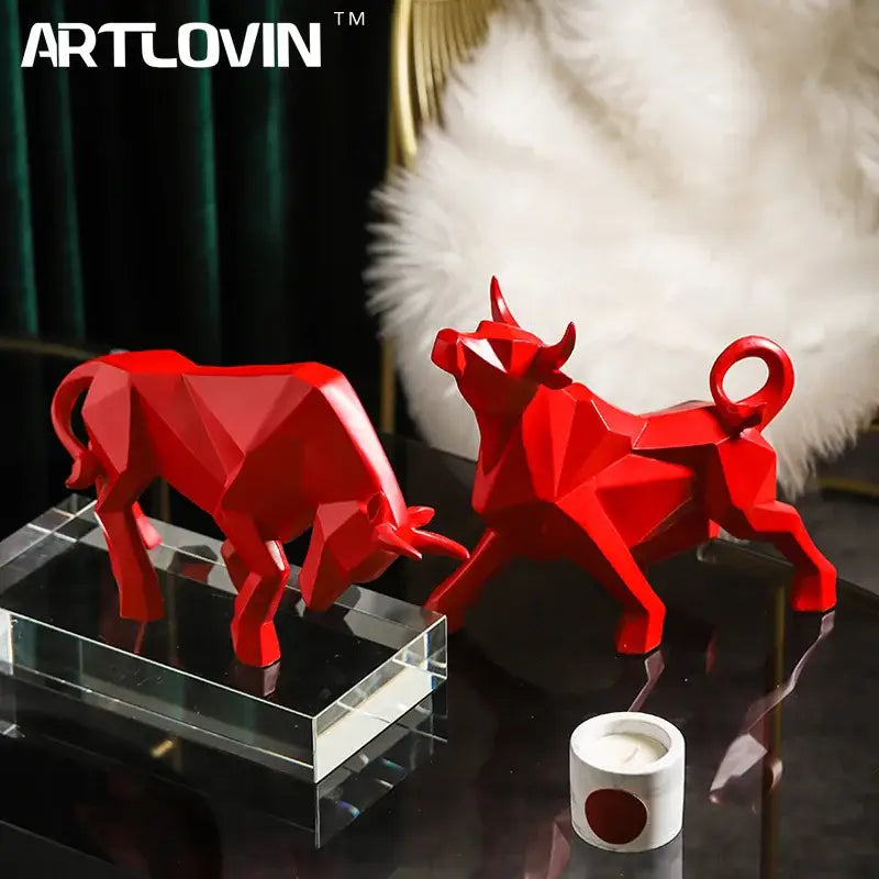 Vibrant red decorbites geometric bison sculpture featuring faceted design for modern living room decor by artlovin