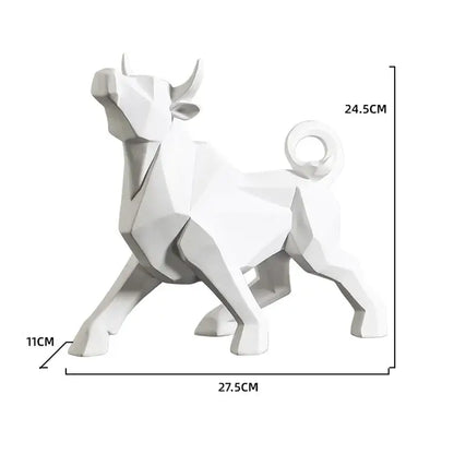 White decorbites geometric bison sculpture with angular faceted design and curled tail for modern living room decor