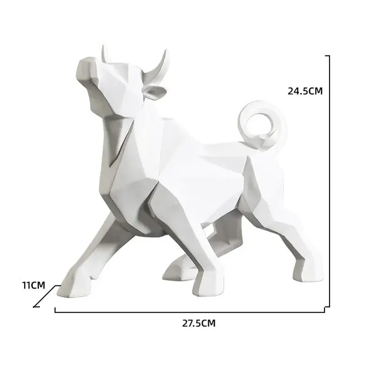 White decorbites geometric bison sculpture with angular faceted design and curled tail for modern living room decor