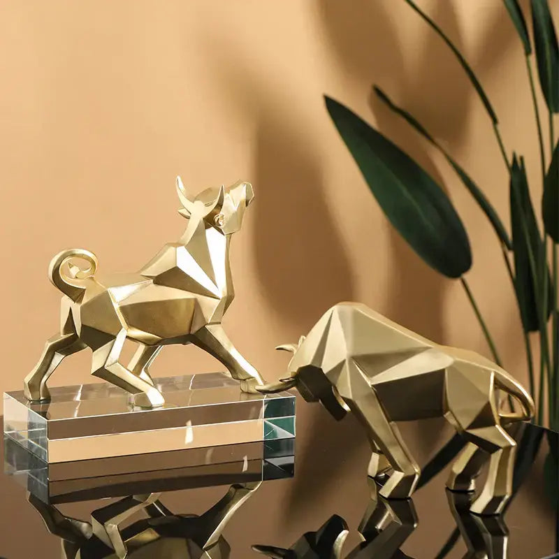 Modern red decorbites geometric bison sculpture gold geometric bull figurine with angular facets on acrylic base