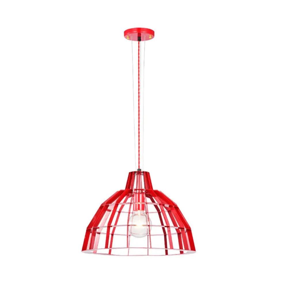 Modern Red Dome Pendant Light w/ Metal Cage - Restaurant Hanging Lamp