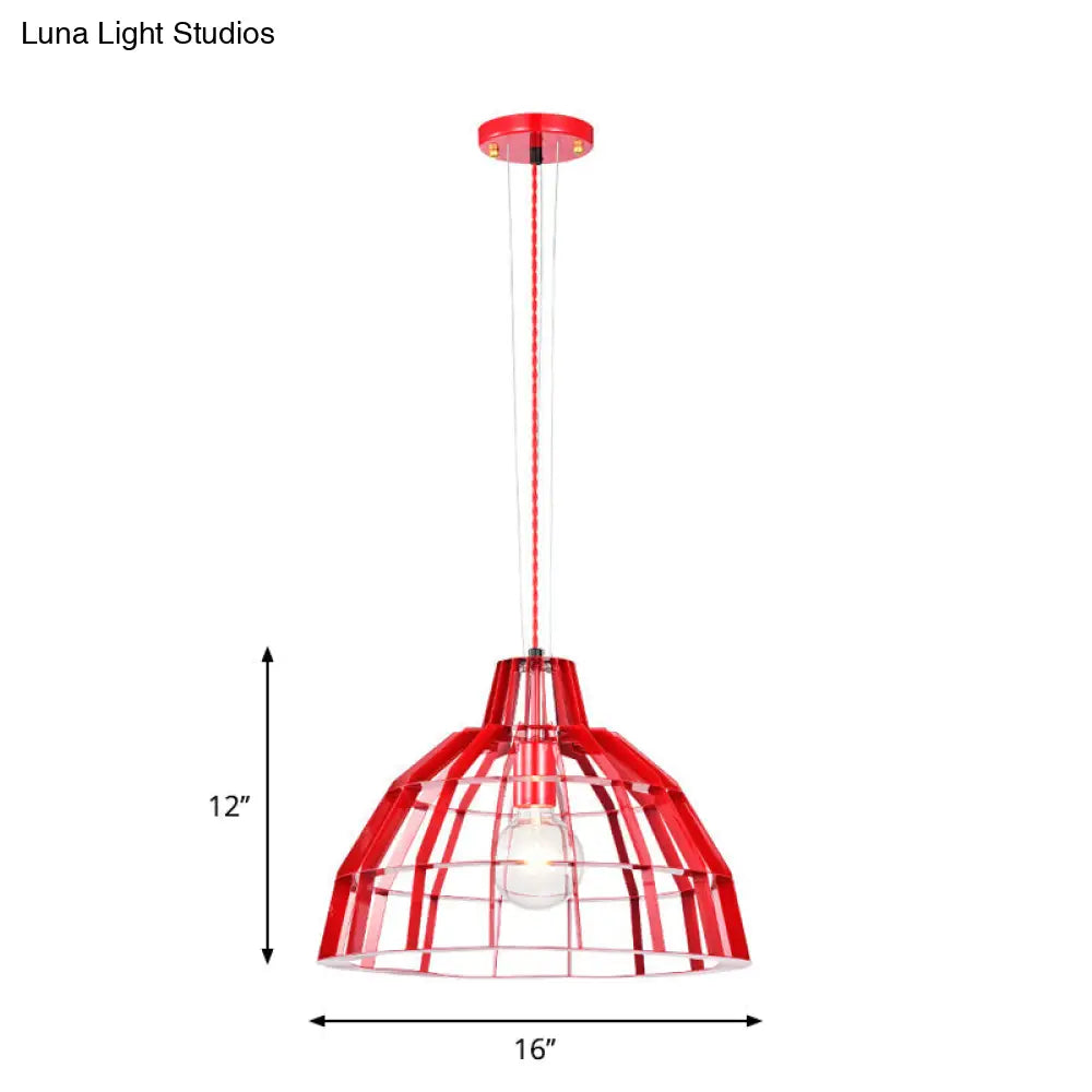 Modern Red Dome Pendant Light w/ Metal Cage - Restaurant Hanging Lamp