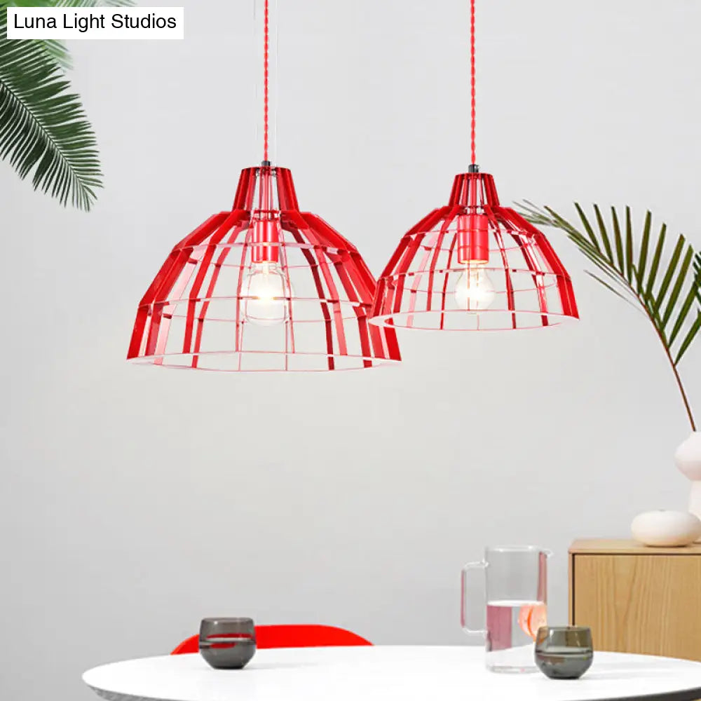 Modern Red Dome Pendant Light w/ Metal Cage - Restaurant Hanging Lamp