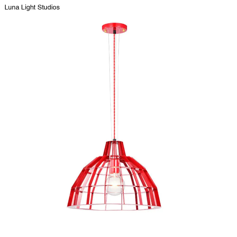 Modern Red Dome Pendant Light w/ Metal Cage - Restaurant Hanging Lamp