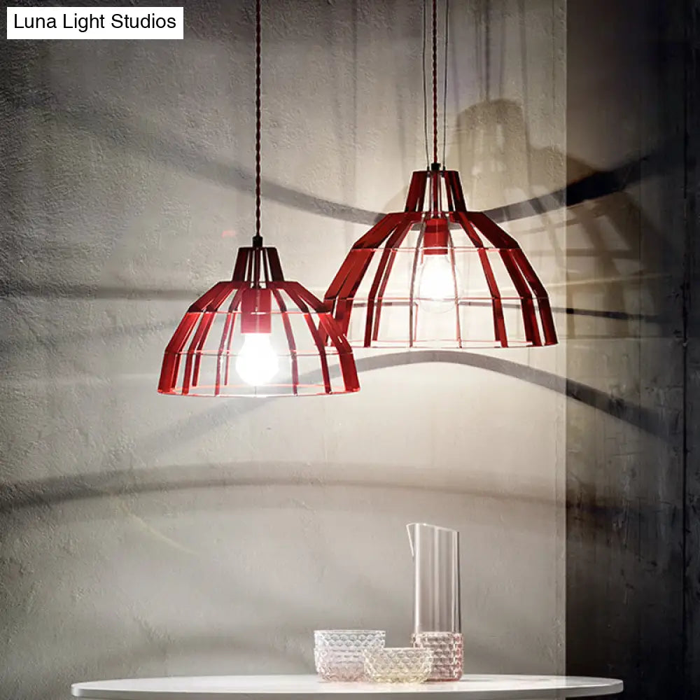 Modern Red Dome Pendant Light w/ Metal Cage - Restaurant Hanging Lamp